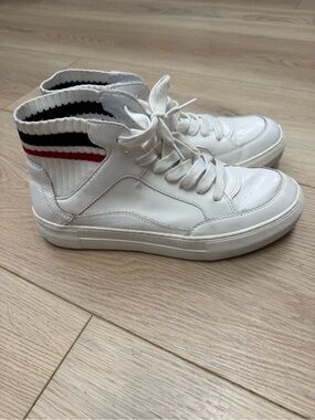 Madden Girl Bilie Joe White High-Top Sneakers with Black and Red Stripe Collar